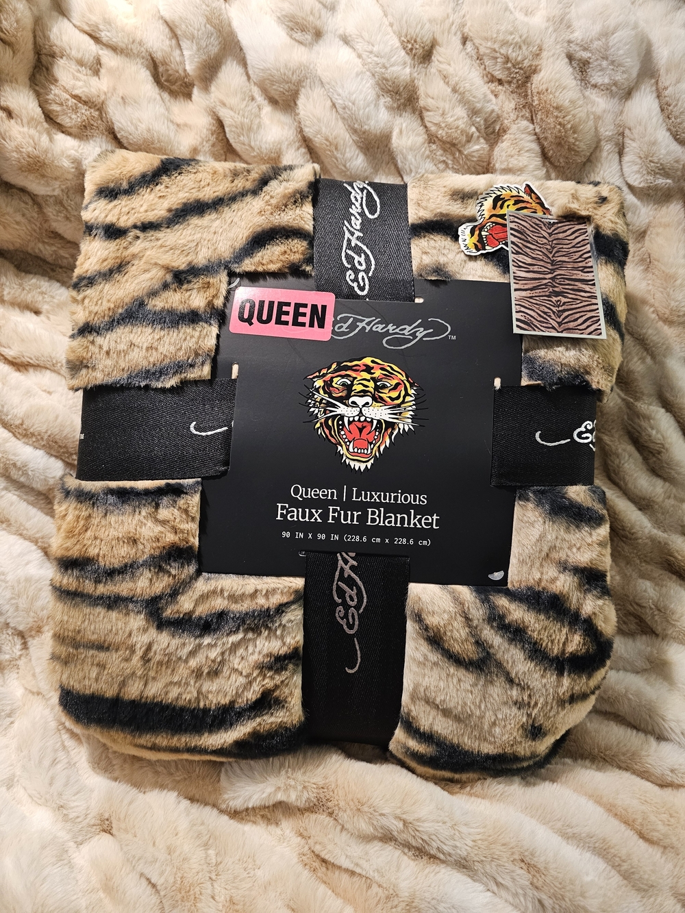 Ed Hardy Queen 90x90 Faux Fur Blanket - Tiger Leopard Animal Print Viral Htf
